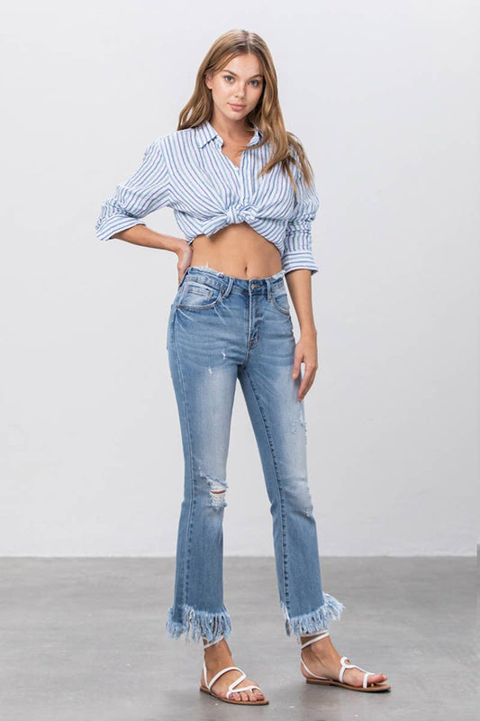 Mid Rise Long Bottom Frayed Crop Flare Jeans