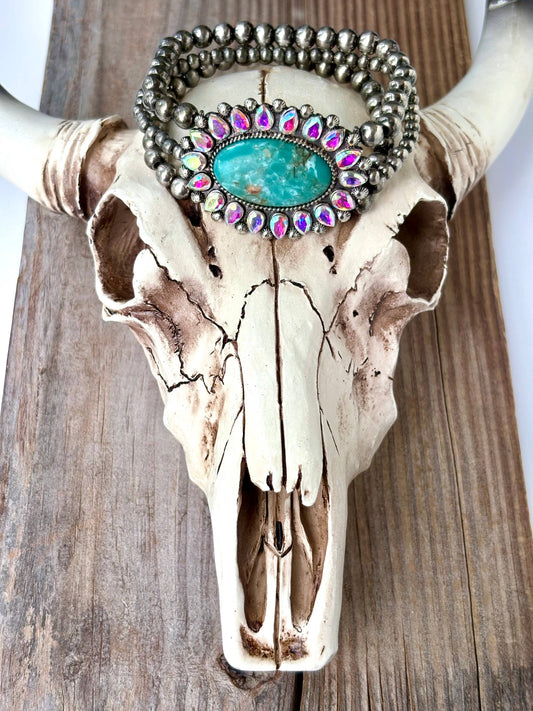 3 Layered Navajo Pearl Stretch Bracelet w/ Turquoise Stone