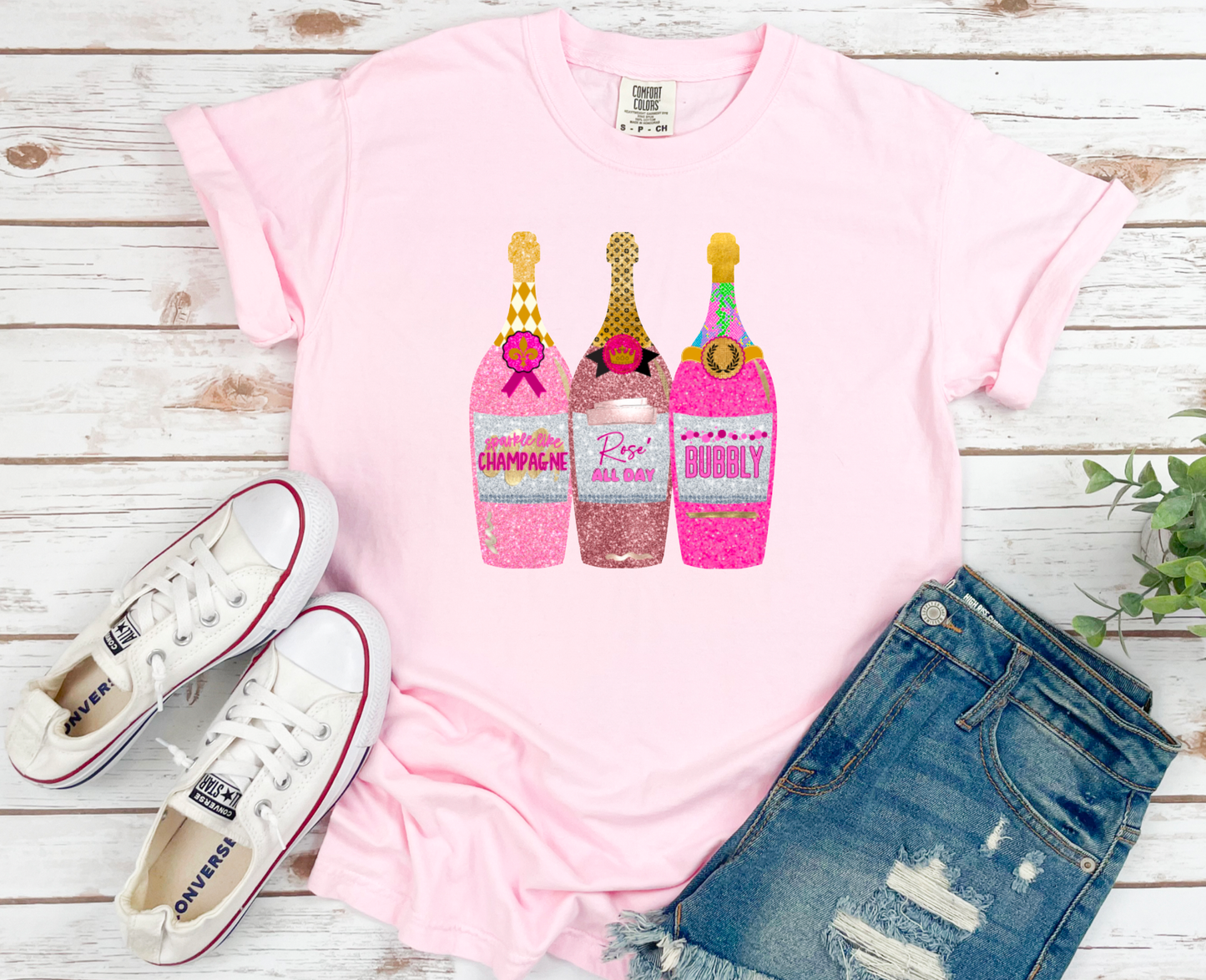 Faux Glitter Sparkly Champagne Graphic Tee T-Shirt