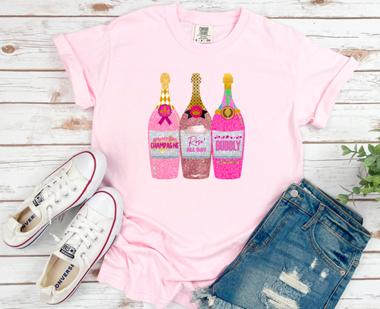 Faux Glitter Sparkly Champagne Graphic Tee T-Shirt
