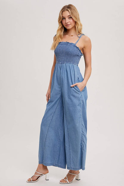 DENIM SMOCKED STRAP WIDE LEG JUMPSUIT - Southern Sassy Boutique