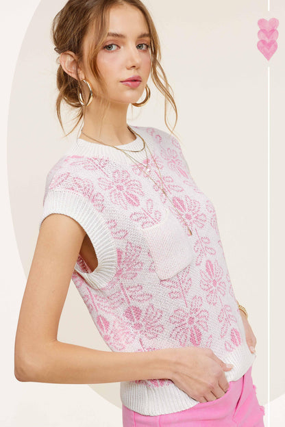 Floral Pattern Sleeveless Sweater Vest Top - Southern Sassy Boutique