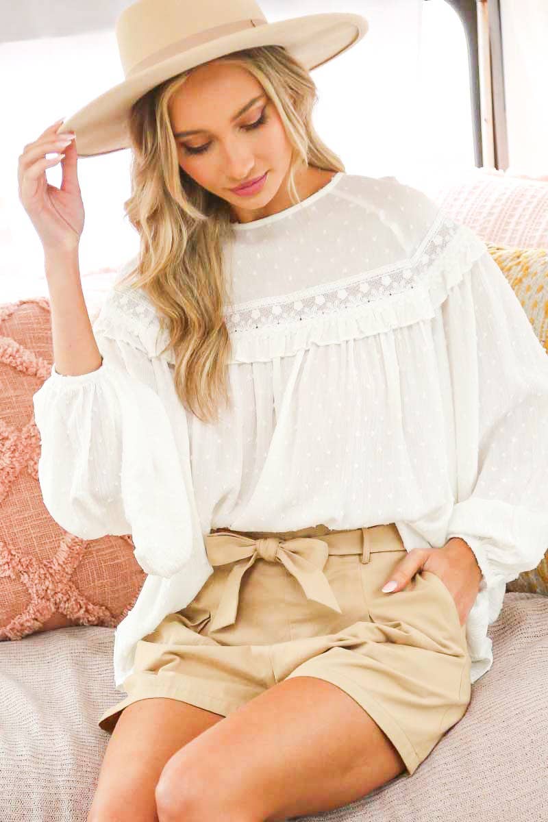 Lace-Up Back Detail Swiss Dot Patterned Blouse