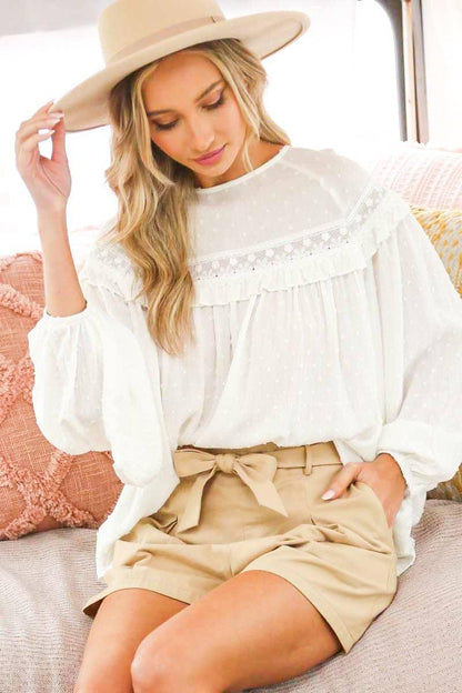 Lace-Up Back Detail Swiss Dot Patterned Blouse - Southern Sassy Boutique