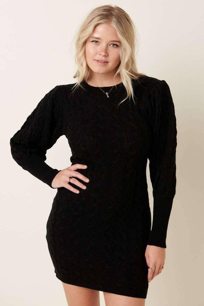 CABLE DETAIL PUFFSLEEVE SWEATER DRESS - Southern Sassy Boutique