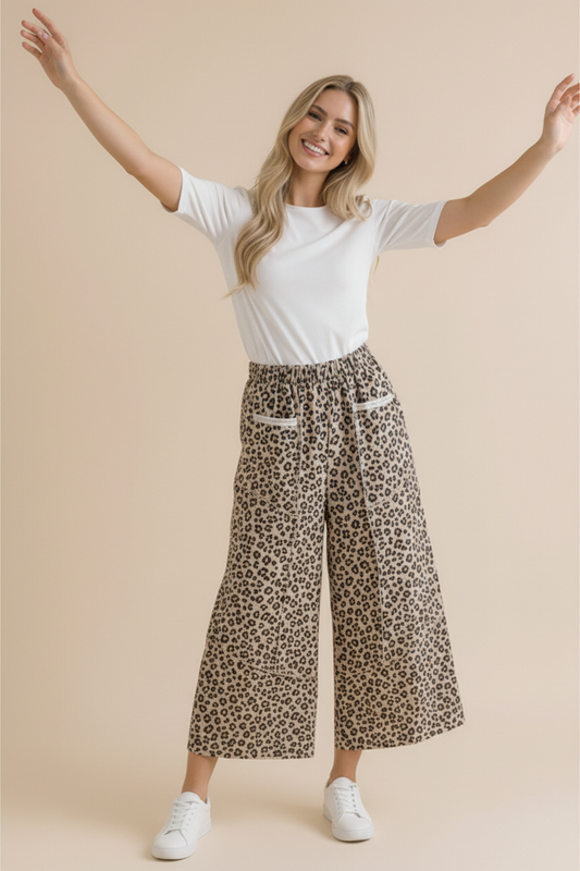 Plus Leopard French Terry Wide Leg Pocket Pants