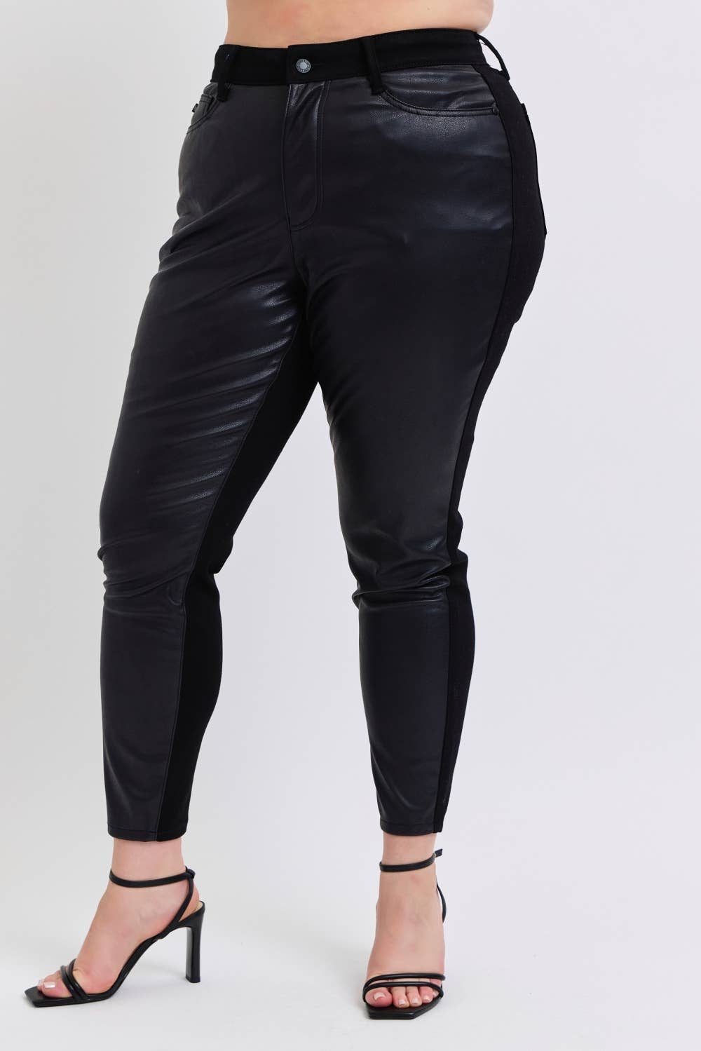 High Waisted Faux Leather & Denim Skinny