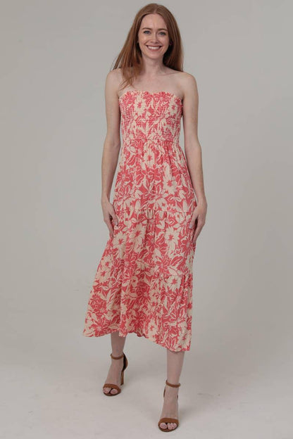 Strapless Floral Print Midi Dress