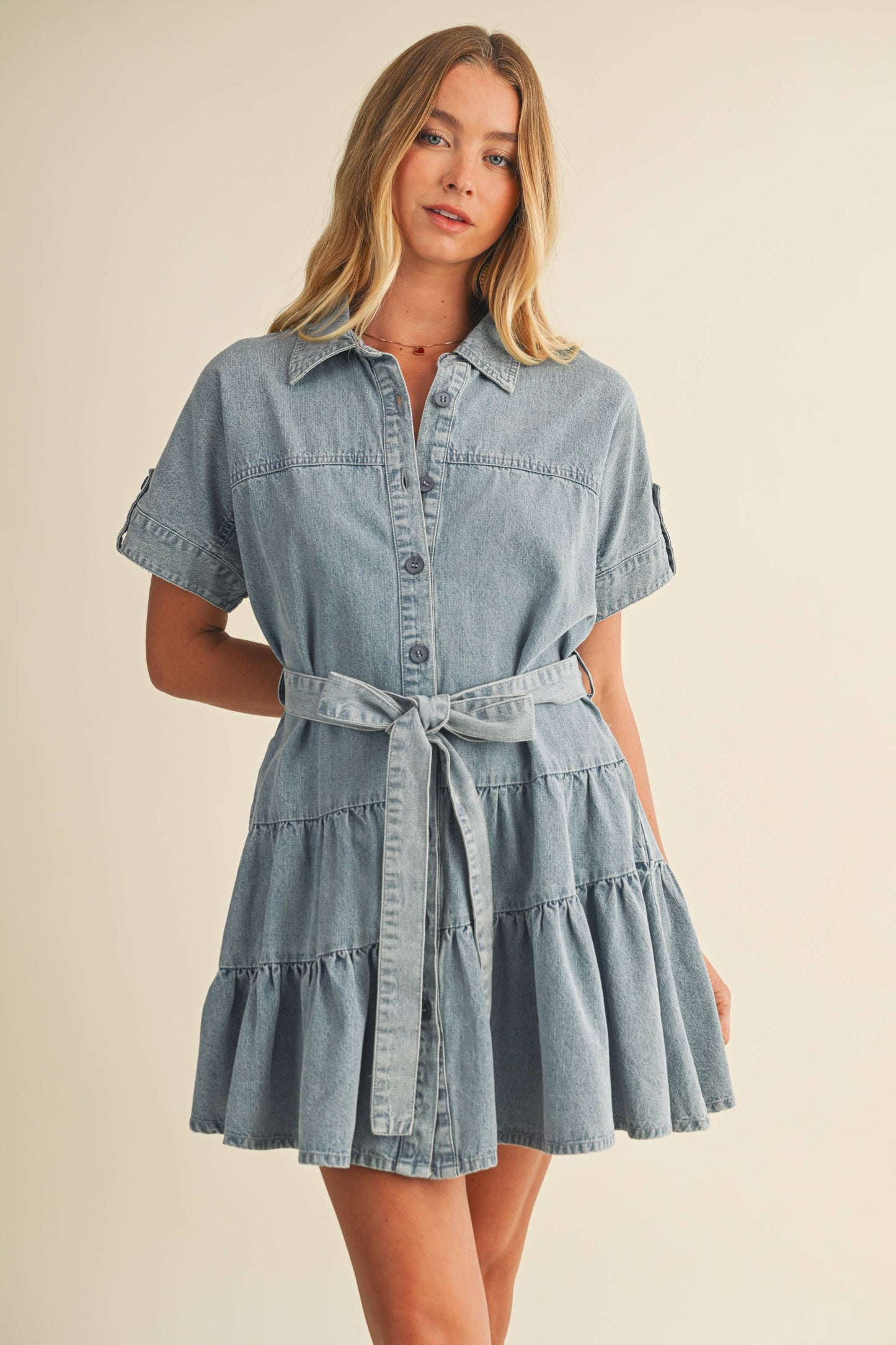 RUFFLE TIERED DENIM DRESS