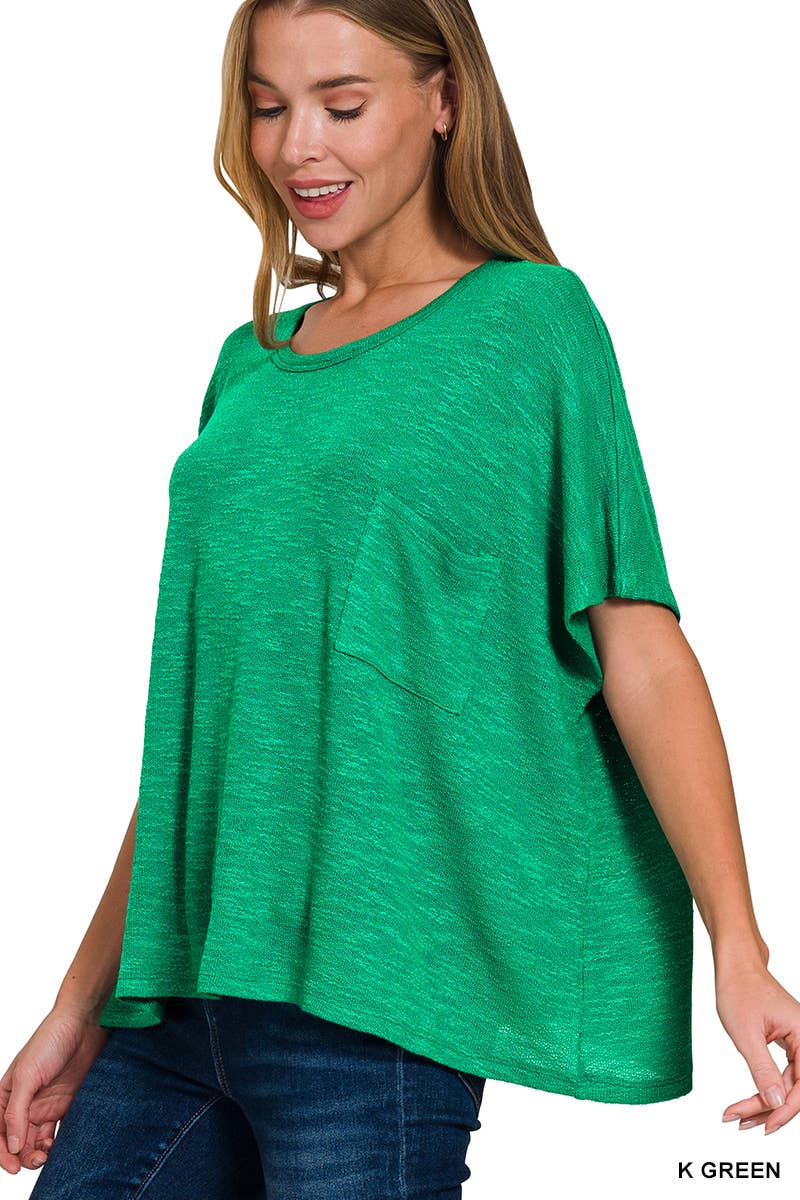 Oversized poly-rayon slub hacci top with pocket