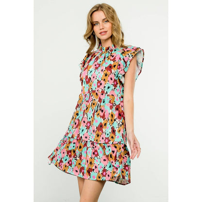 Flutter Sleeve Tiered Print Dress
