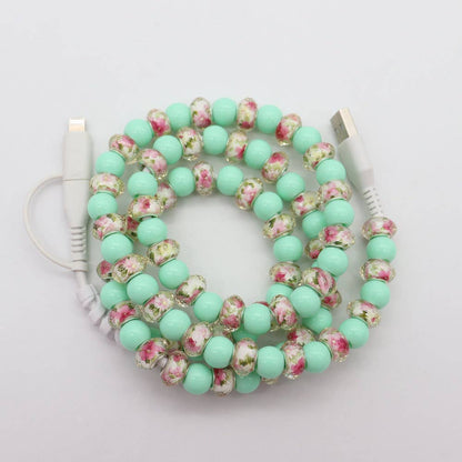 Pink heart & Floral & checker Beaded 2 in 1 Charging Cable