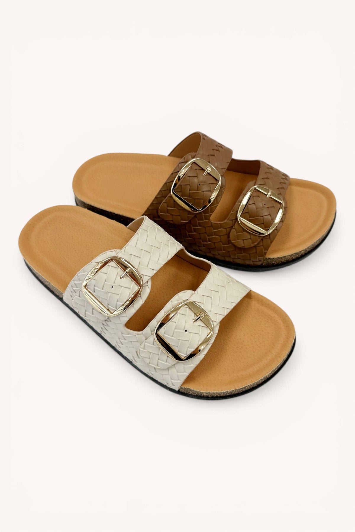 Woven Double Strap Slide Sandals Adjustable Buckle