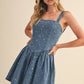 STAR PRINTED DENIM FLARED MINI DRESS