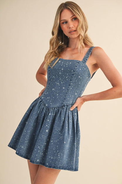 STAR PRINTED DENIM FLARED MINI DRESS - Southern Sassy Boutique