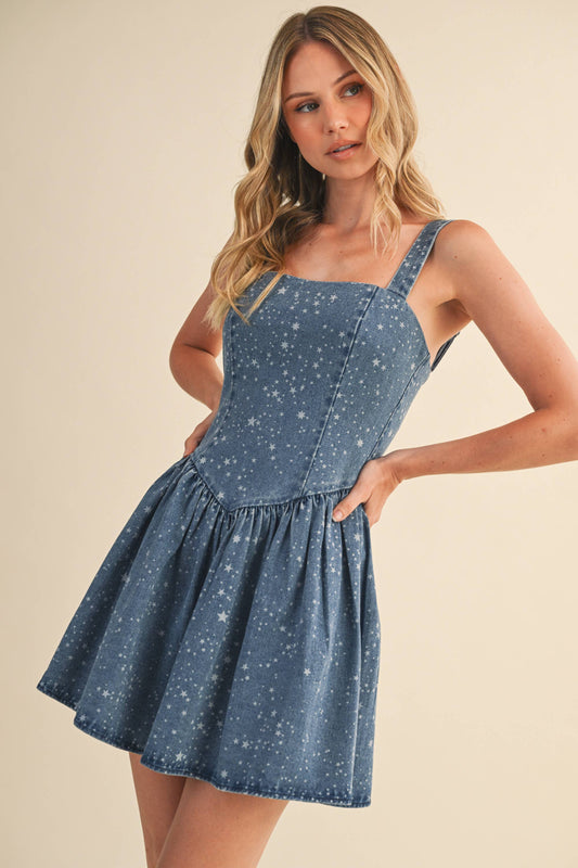 STAR PRINTED DENIM FLARED MINI DRESS