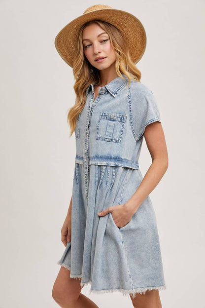 DENIM BUTTON DOWN SHIRT MINI DRESS - Southern Sassy Boutique