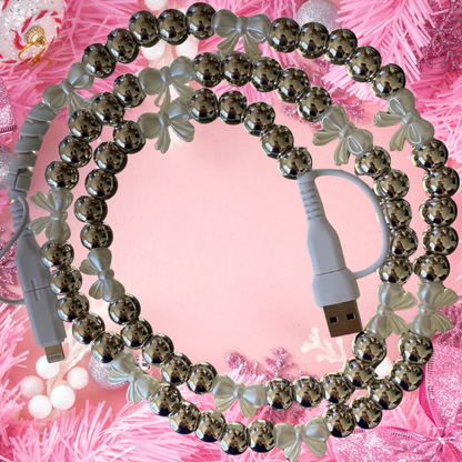 Silver & Pearl Bow 4-in-1 Beaded Charging Cable