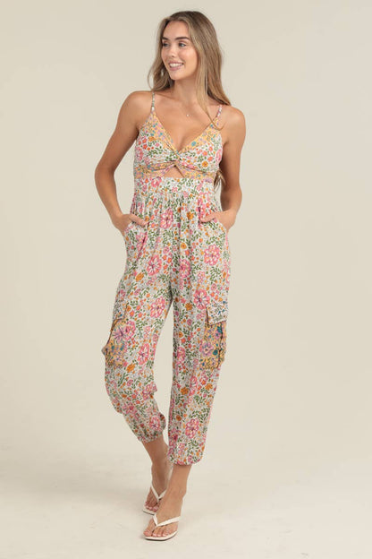 Floral Print Cargo Pocket Jumpsuit