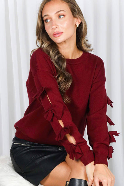 Bow Embellished Long-Sleeve Crew Neck Knit Sweater VT82605- - Southern Sassy Boutique