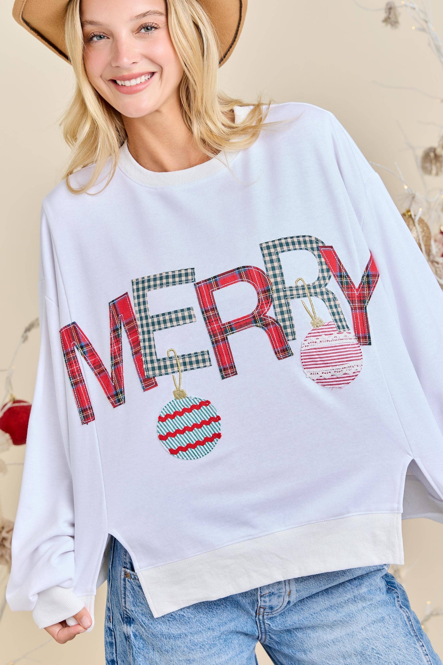 Merry With Ornament Patchwork Oversized Long Sleeve Top - Southern Sassy Boutique
