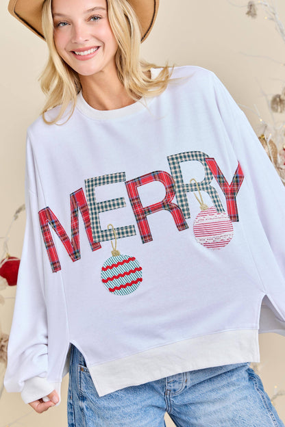 Merry With Ornament Patchwork Oversized Long Sleeve Top - Southern Sassy Boutique