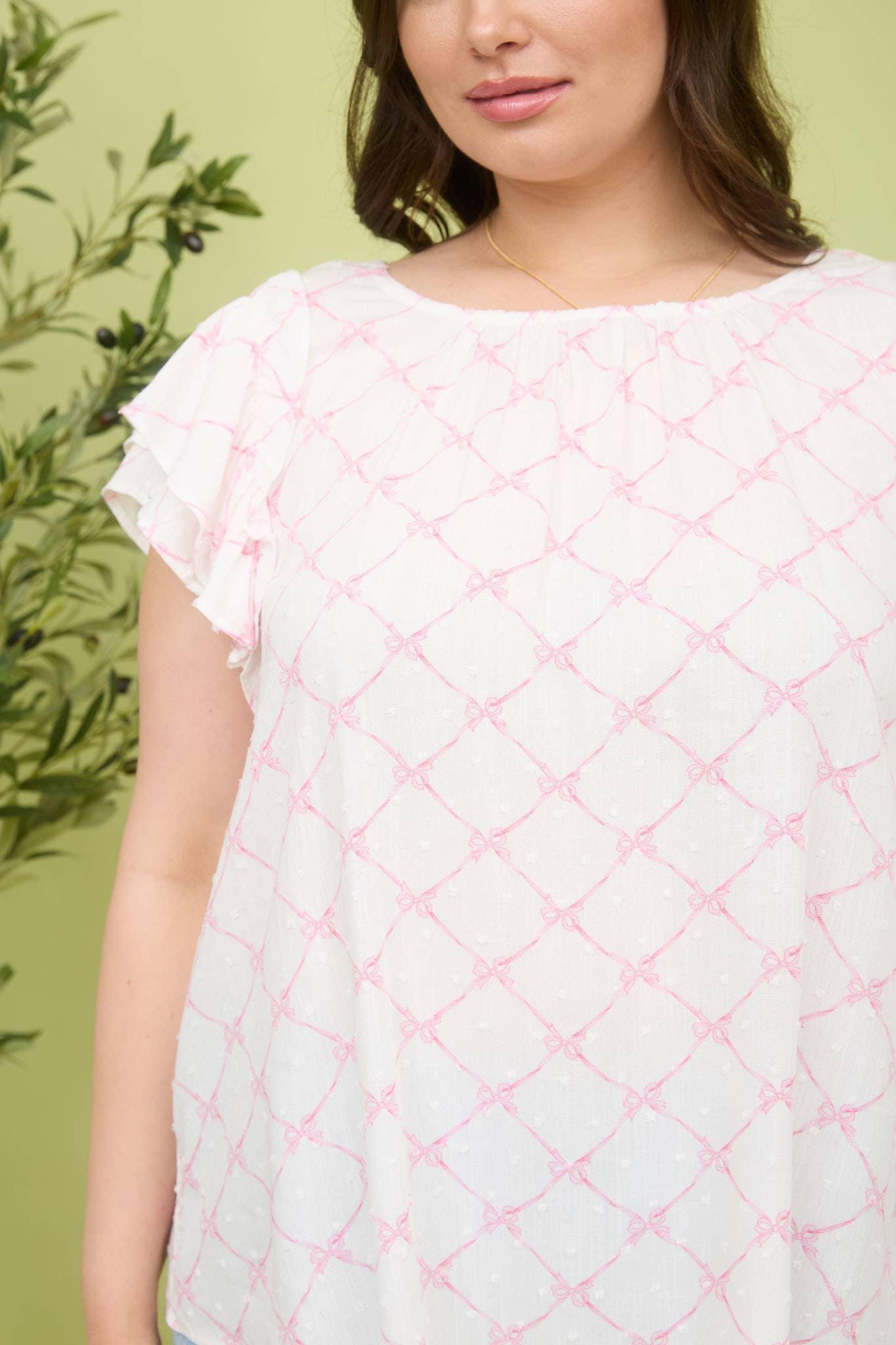 BOW CLIP DOT PATTERN RUFFLE SLEEVE BLOUSE - Southern Sassy Boutique