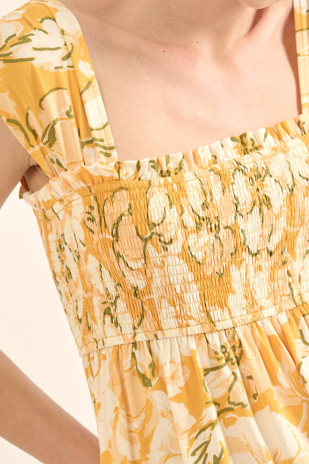 Smocked Floral Square Neck Shoulder Strap Blouse