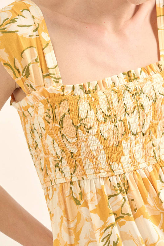 Smocked Floral Square Neck Shoulder Strap Blouse