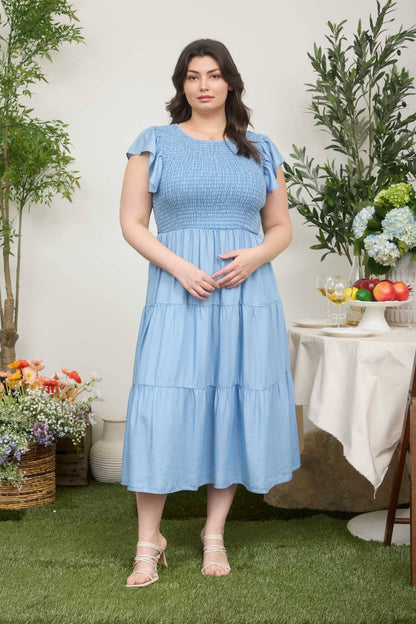 PLUS CHAMBRAY SMOCKED TIERED MIDI DRESS