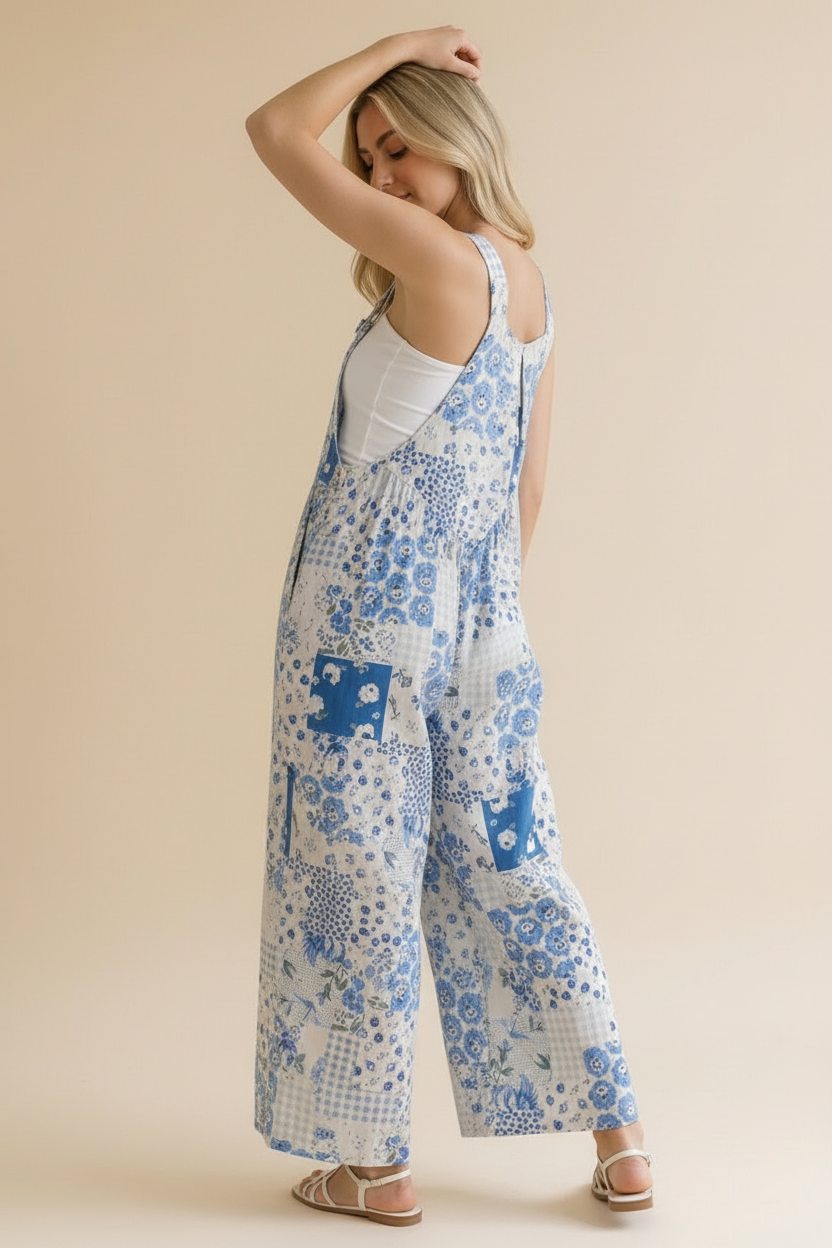 Floral Patchwork Wide Leg Bib Overalls