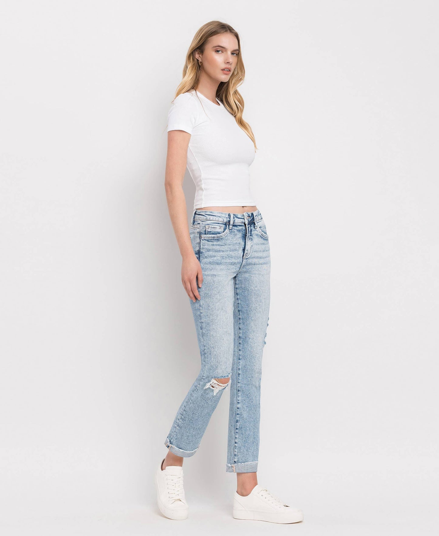 TUMMY CONTROL HIGH RISE CUFF SLIM STRAIGHT JEANS - Southern Sassy Boutique