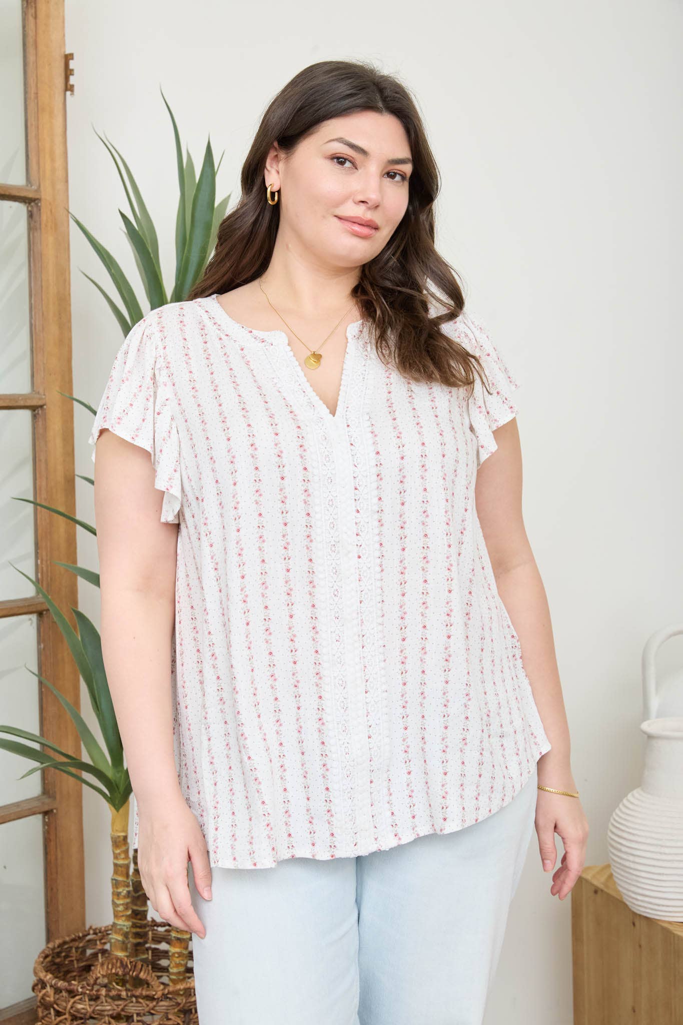 PLUS STRIPE FLORAL GARLAND RUFFLE SLEEVE TOP