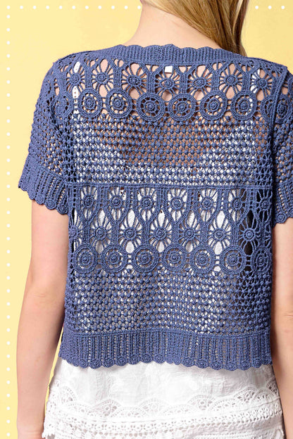 Open Knit Scallop Edge Button Down Cardigan