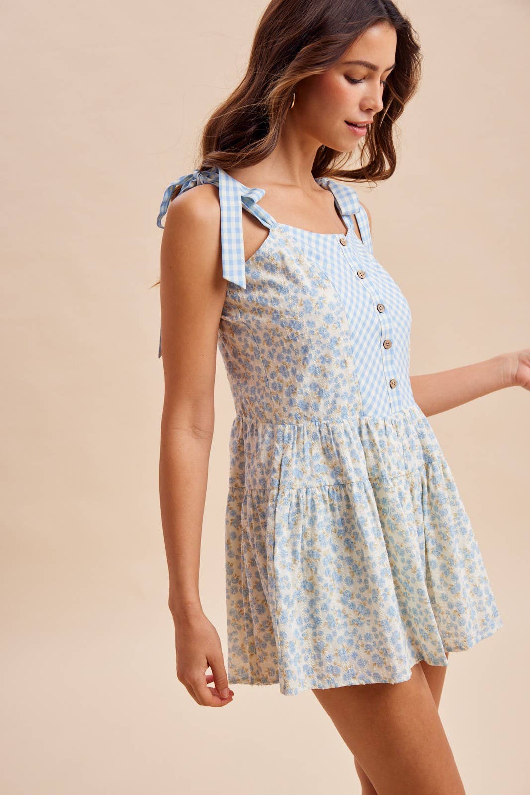 Floral Gingham Tie-Shoulder Romper