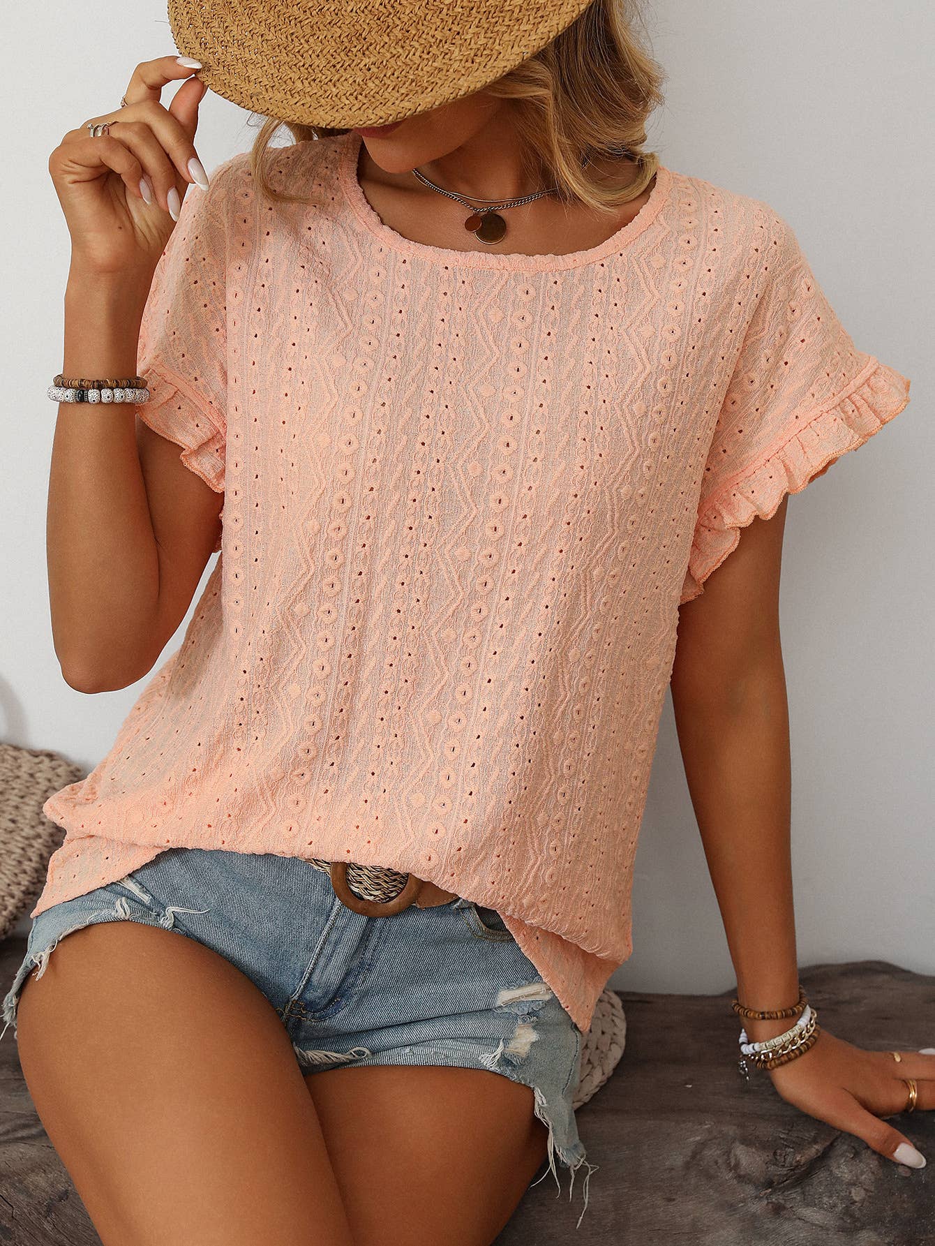Eyelet Ruffle Short Sleeve Top