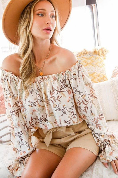 Floral Eyelet Lace Tie Front V-Neck Long Puff Blouse Top Off Shoulder Woven Blouse Top - Southern Sassy Boutique
