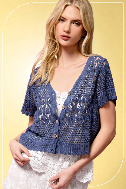 Open Knit Scallop Edge Button Down Cardigan