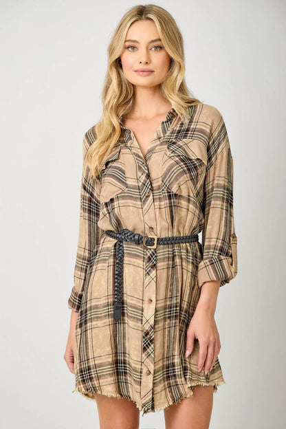 Washed Plaid Shirt Dress - Southern Sassy Boutique