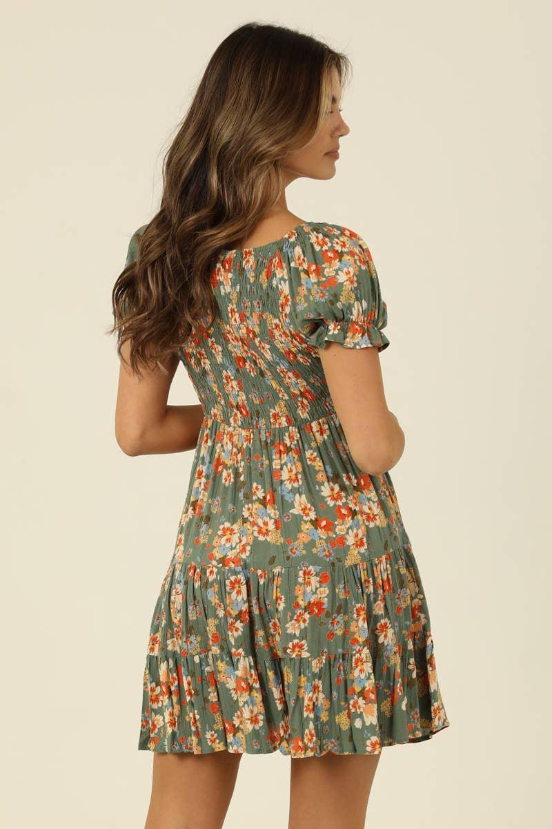 V NECK SMOCKED BODICE SHORT SLEEVE DRESS - Southern Sassy Boutique