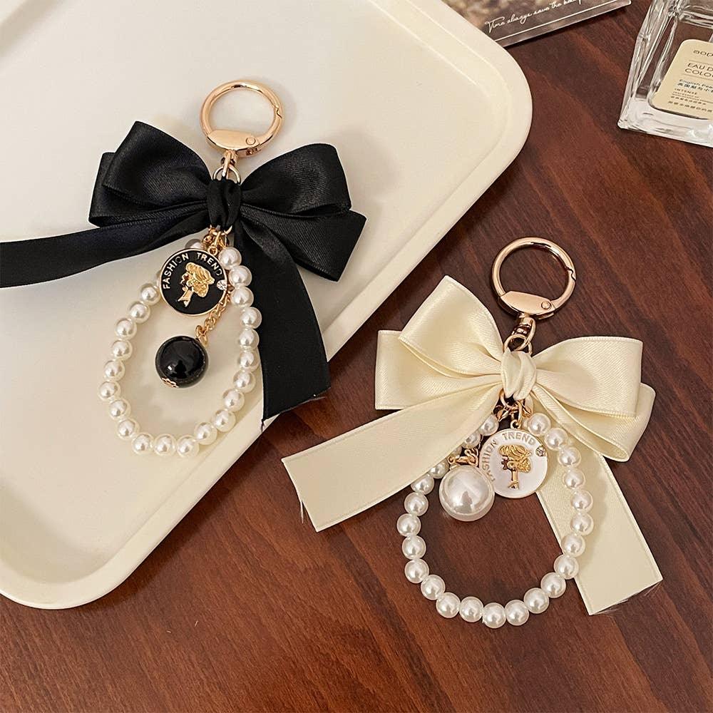 Ribbon Large Bow Pearl Bag Accessory Keychain - Southern Sassy Boutique