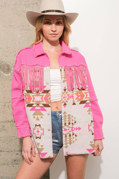Aztec Contrast Frayed Shirt Jacket - Southern Sassy Boutique