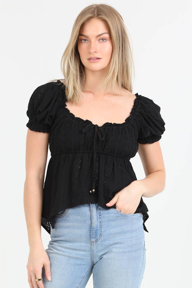 EYELET EMBOIDERED PUFF SLEEVE HANKY HEM TOP - Southern Sassy Boutique
