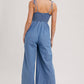 DENIM SMOCKED STRAP WIDE LEG JUMPSUIT