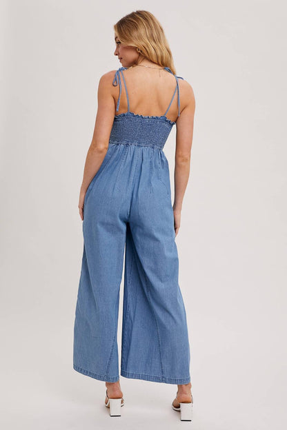 DENIM SMOCKED STRAP WIDE LEG JUMPSUIT - Southern Sassy Boutique