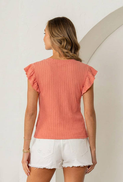 Relaxed Fit Ribbed Ruffle Sleeve Knit Top