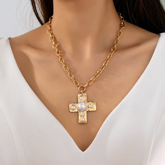 Hammered Cross Pearl Necklace