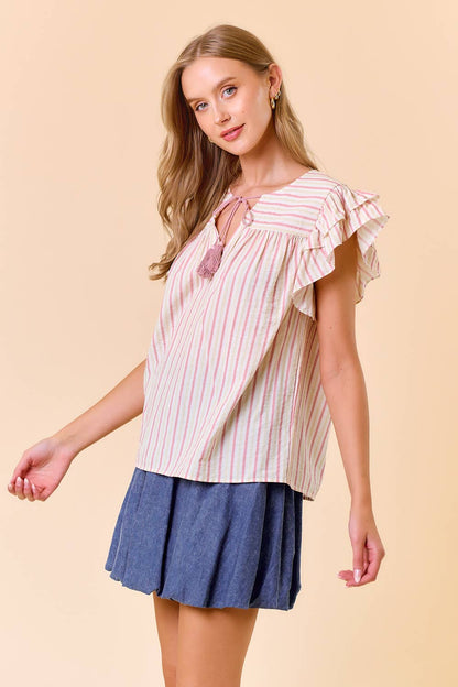 MULTI-COLORED STRIPE RUFFLE CAP SLEEVE PEASANT TOP
