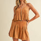 SUEDE PLEATED SLEEVELESS TOP AND SHORTS SET