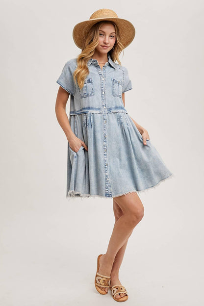 DENIM BUTTON DOWN SHIRT MINI DRESS - Southern Sassy Boutique